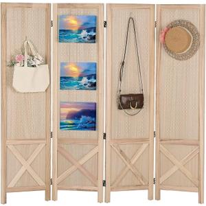 Wnutrees 4 Panel Pegboard Display, 5 Ft Wood Folding Privacy Screens Room Divider, Portable Freestanding Display Board for Craft/Art Shows, Retail, Events, Wall Organizer, Rustic Barnwood, Natural