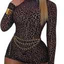 Molilove Womens Cheetah Print Romper Sexy Bodycon Shorts Jumpsuit Long Sleeve Crew Neck One Piece Outfits Y2K Trendy Clothes (Large)
