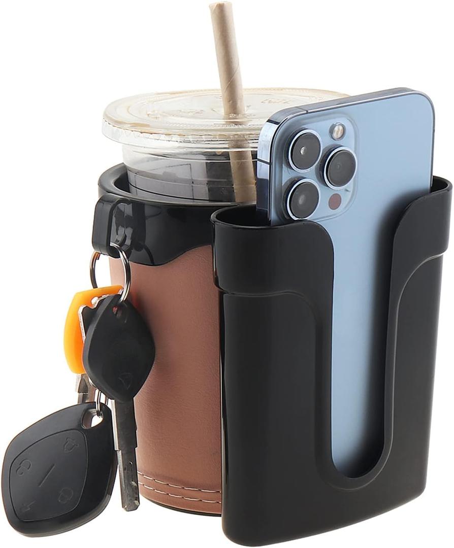 Beige Leather Bicycle Cup and Phone Holder Handlebar Mount - Water Bottle Holder for Electric Bikes, Cruiser & Commuter Bicycles with Keys Pouch