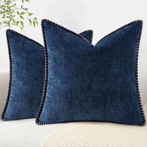decorUhome Chenille Soft Throw Pillow Covers 20x20 Set of 2, Farmhouse Velvet Neutral Decorative Pillow Covers with Stitched Edge for Couch Sofa Bed Home Decor, Poseidon