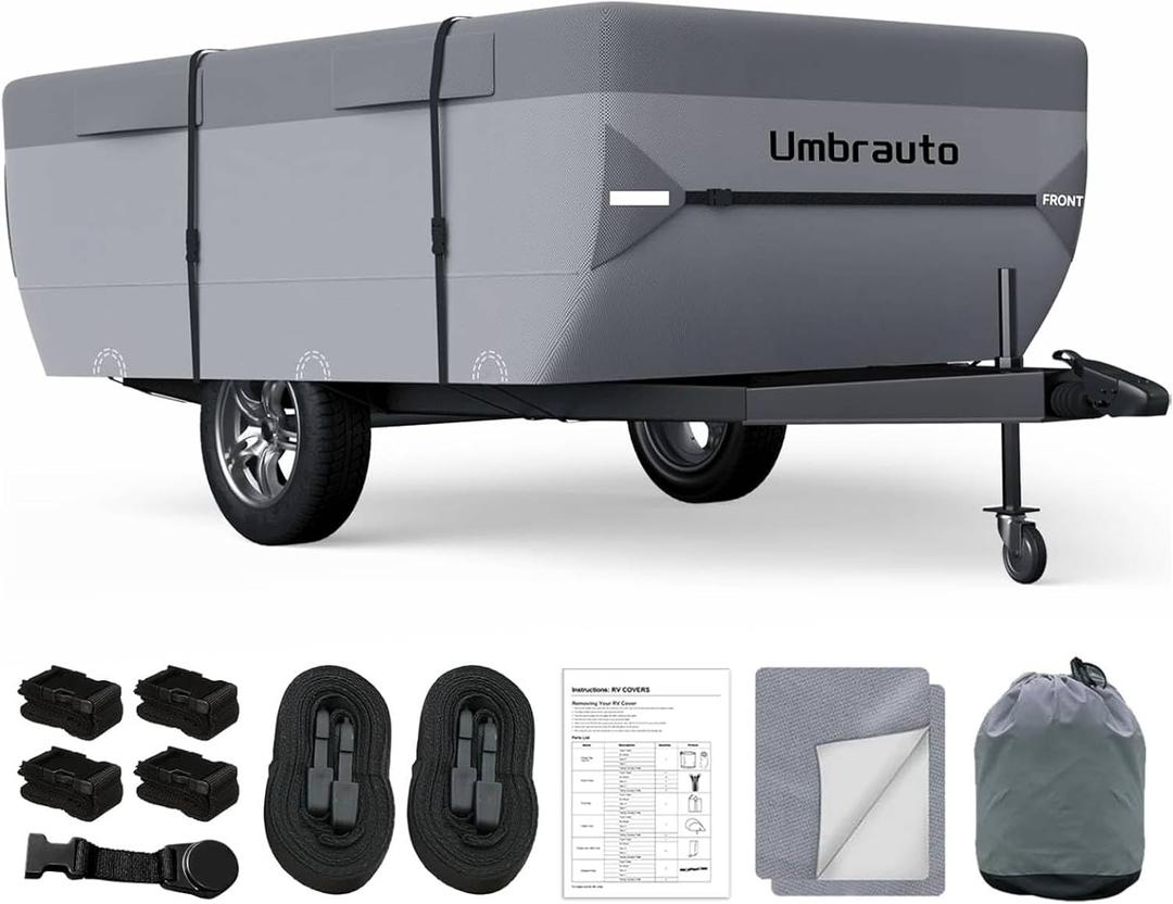 Umbrauto Pop Up Folding Camper Cover Fits 10-12, Upgraded 7 Layers Top Tent Trailer Cover Waterproof Extra Thick Polypropylene Breathable Ripstop Pop Up Folding Trailer Cover