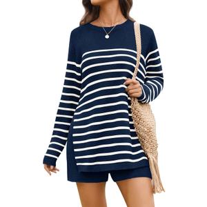 NENONA Women's Spring Summer Sweater Sets 2 Piece Beach Vacation Outfits Long Sleeve Casual Tops & Shorts Loungewear (Beige, XL)