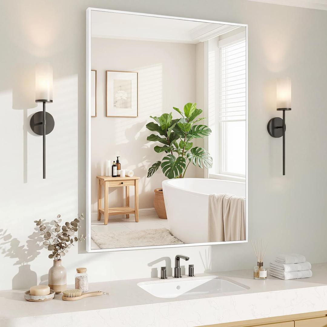 Koonmi White Rectangle Wall Mirror, 30x40 Inch Bathroom Mirror, Aluminum Frame Vanity Mirror for Entryway, Living Room, Bedroom Bathroom, Hangs Horizontally or Vertically