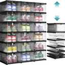 SONGMICS Foldable Shoe Boxes, Pack of 18 Stackable Shoe Storage Organizer, Set of 3 Integraed Shoe Cabinets, Portable, Fit up to US size 13, 60s Assembly, Transparent and Ink Black ULSP207B01