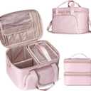 Travel Makeup Bag with 2 Pouches and Adjustable Dividers, Large Cosmetic Case Make up Organizer for Women Fits Bottles Vertically, Pink (Patented Design)
