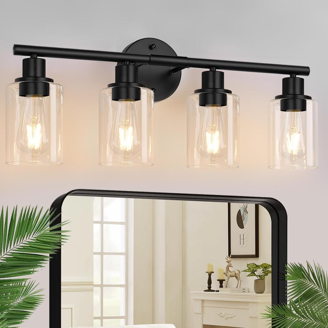 4-Light Bathroom Light Fixtures, Matte Black Modern Vanity Lights Over Mirror with Clear Glass Shade, Bathroom Wall Lamp for Mirror Kitchen Living Room Hallway Cabinet Porch Bedroom Reading Room