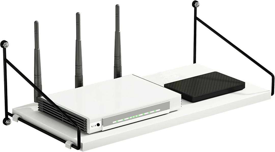 White Floating Shelves for Projector, Modem, Router, DVD Player, Cable Boxes, 7.87" Deep Wooden Wall Shelf for Bedroom, Living Room, Office, Video Room, Bathroom Shelf (1 Tier)