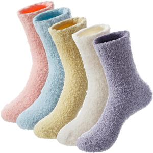 Womens Fuzzy Socks Cozy Fluffy Winter Warm Slipper Socks Microfiber Soft Home Sleeping Socks for Women 5 Pairs (Medium, Solid Color Combination)