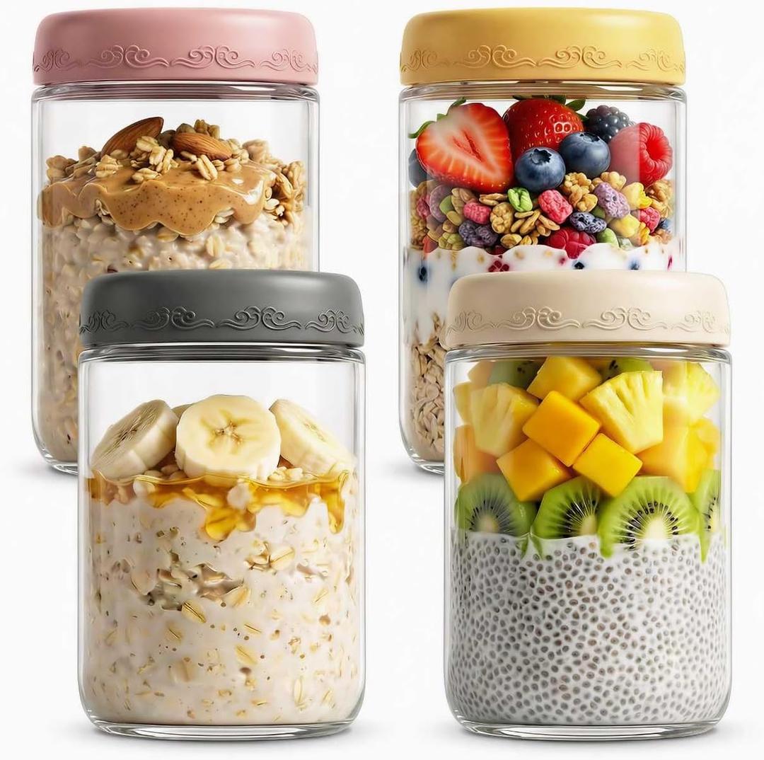 18oz 4Pack Glass Overnight Oats Jars Containers with Airtight Leakproof Lids, Reusable Mason Jars for Meal Prep, Yogurt Parfaits, Smoothies, Salads & Healthy Breakfasts (18 OZ-4-2)