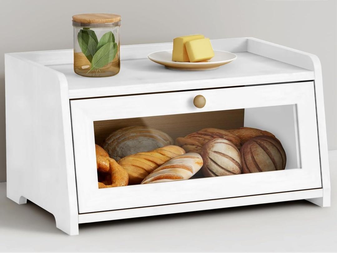 White Bread Box for Kitchen Countertop, Modern Counter Breadbox for Homemade Bread, Large Corner Bread Storage Container for Sourdough Loaf Organizers and Storage (White Bamboo Wood)