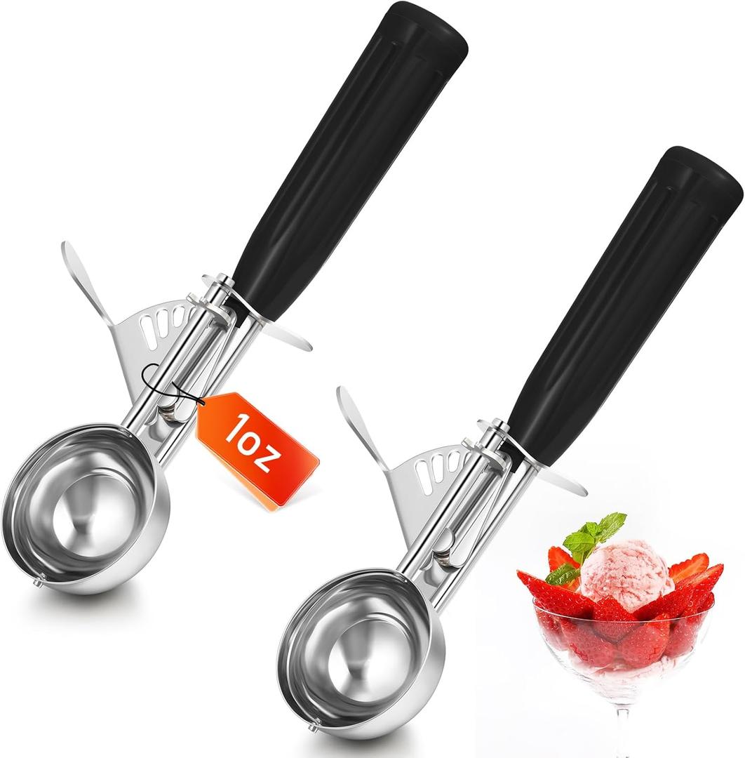 2 Pcs Release Cookie Scoops Ice Cream Scooper with Trigger Release Portion Scoop Stainless Steel for Portion Control, Baking Food, Cookie Dough, Cupcake Batter (1 oz,Black)