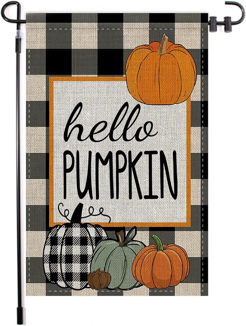 6 x Hello Pumpkin Fall Garden Flag, 1218 Inch Double Sided Yard Flag, Autumn Farmhouse Seasonal Holiday Yard Outdoor Thanksgiving Decoration (Pumpkin)