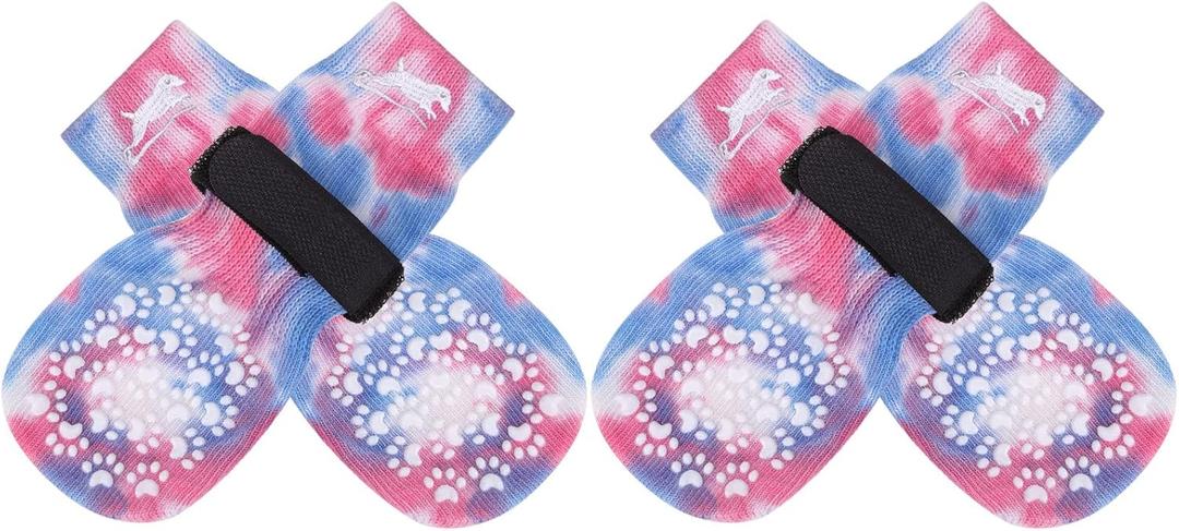 EXPAWLORER Anti Slip Dog Socks to Prevent Licking Paws, Dog Shoes for Hot Pavement, Dog Booties for Small Medium Large Senior Dogs, Traction Control Boots & Paw Protectors for Hardwood Floors (Small (4 Count), Blue and Pink)