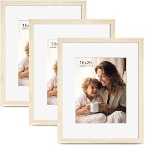 FinalFind 16x20 Picture Frame with Mat for 11x14 Set of 3, Natural Wood Grain 16x20 Frames for Horizontal & Vertical Wall Mounting (3 Pack,Natural)