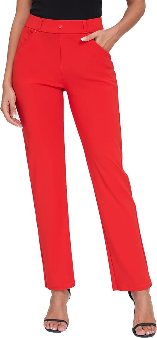 Oalka Women's Dress Pants Straight Leg Yoga Work Stretchy Pant for Office Business (Small, Red)