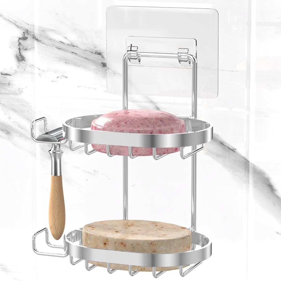 MASADI 2 Tier Soap Dish Holder, Soap Bar Holder with Hooks, Shampoo Bar Caddy for Shower Wall, Razor Holder for Shower, Bar Soap Container 304 Stainless Steel, Bathroom(Silver)