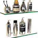 GeekDigg 2 Set Glass Shelves for Wall - No Drilling Shower Caddy with Aluminum Bracket - Bathroom Storage Organizer