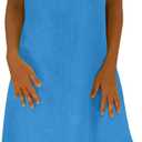 Fronage Women's Cotton Linen Midi Dress V Neck Short Sleeve Causal Loose Tshirt Dresses Summer (Blue)