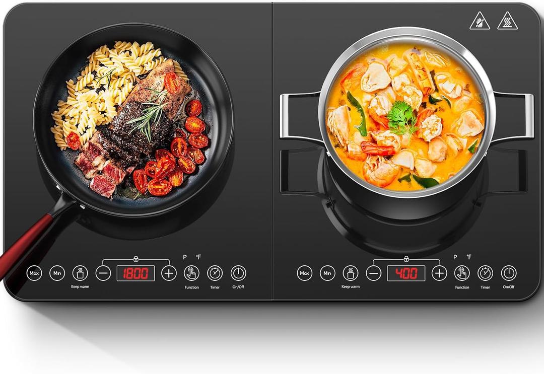 Aobosi Double Induction Cooktop, Portable Induction Cooker with 2 Burner Independent Control, Ultrathin Body,10 Temperature,1800W-Multiple Power Levels,4 Hour Timer, Safety Lock