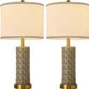 Set of 2 Table Lamp for Living Room Bedroom Farmhouse,26'' Touch Control Bedroom Smoke Grey Ceramic Lamps 3-Way Dimmable Bedside Lamps with USB A+C Ports Linen Shade for Home