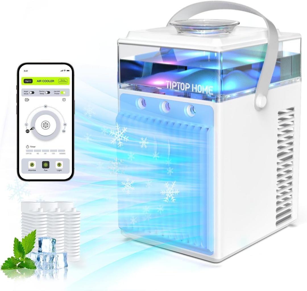 Portable Air Conditioners, 4-IN-1 Evaporative Air Cooler with App Control, 800ml Water Tank, Rechargeable Mini Air Conditioner, 3 Speeds & 3 Mist, Colorful Night Light Cooling Fan