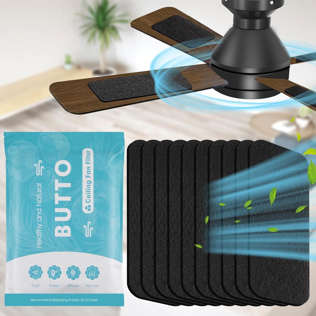 Butto 10-Pack Ceiling Fan Filters for Blades - Strong Adhesive Ceiling Fan Filters for Common Household Contaminants - Fibrous Carbon Fan Air Purifier Pads to Make Air Fresh and Natural