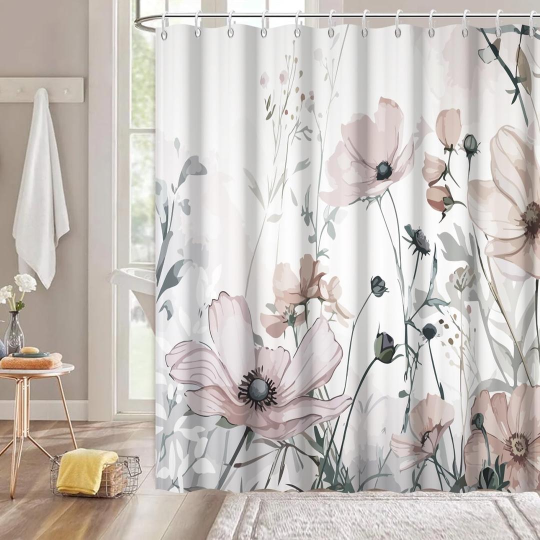 Grey Floral Shower Curtain, Spring Watercolor Wildflower Shower Curtain Set Waterproof Modern Farmhouse Bathroom Decor with Hooks, 72x72 Inch