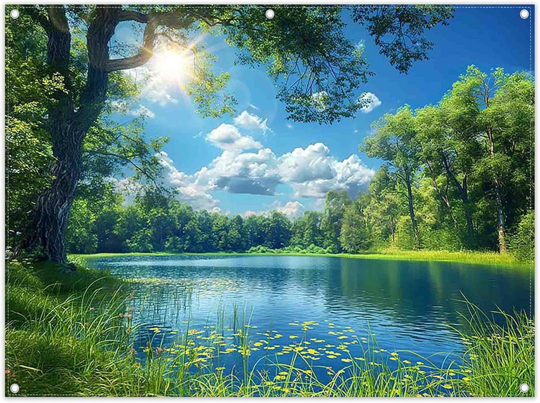 Fabric 8x6ft Lake Natural Scenery Backdrop River Forest Tree Blue Sky Bokeh Background Picnic Camping Hiking Spring Outdoor Party Decorations Photoshoot Banner Props