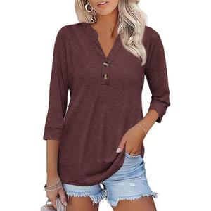 ZAAYOGARDEN Womens Tops Casual Summer Short Sleeve Shirts V Neck 3/4 Sleeve Work Outfit Cute Basic Tees Tunic Top Burgundy (L)