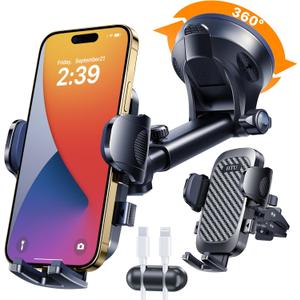 HTU 2025 Best Car Phone Holder Ultimate 5-in-1 & Upgraded 100+LBS Strongest SuctionTrue Military-Grade & Safety Cert 360 Windshield Dashboard Vent Mount Stand for iPhone Android & Truck, Black