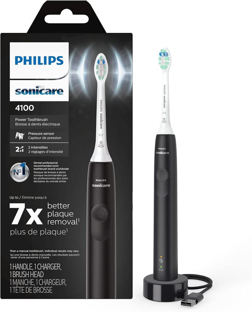 Philips Sonicare 4100 Rechargeable Electric Toothbrush, with Pressure Sensor, 2 Intensity Settings, SmarTimer and QuadPacer, 14-Day Battery Life, Black, Model HX3681/24