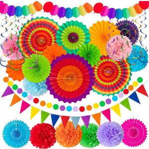 35PCS Fiesta Paper Fan Party Decorations Set - Cinco De Mayo Pom Poms,Pre-assembled Pennant,Garland String,Banner,Hanging Swirls Hispanic Heritage Month Decor Supplies,Multicolored