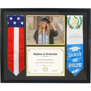 Graduation Shadow Box Frame 26x21.5 Inch, Double-Sided Stole Display with 2 Certificate Holders, 8.5x11 Document Frame with Tempered Glass, Wall Mount Memory Keepsake