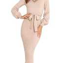 HAEOF Womens 2024 Long Sleeve V Neck Casual Sweater Dress Slim Fit Elegant Knit Fall Winter Midi Dresses(Light Tan, M)
