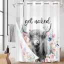 No Hook Funny Highland Cow Shower Curtain with Snap in Fabric Liner Set, Pink Floral Farmhouse Double Layers Waterproof Fabric with See Through Top Window Open Grommet Bath Curtain 71x74 Inch