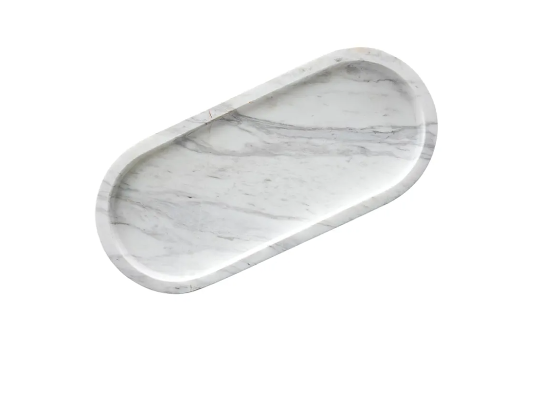 Bathroom Vanity Tray, Large Natural Marble Oval Sink Tray 10 Inch, Jazz White Limestone Dresser Tray for Soap Dispenser Modern Countertop Organizer for Kitchen Countertops, Home Decor