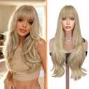 Haloo Blonde Wigs with Bangs - Long Layered Natural Looking Synthetic Heat Resistant Wavy Hair Wigs for Women Daily Party, 26 Inch Dirty Blonde