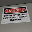 NMC D493RB OSHA Sign, Legend "DANGER - CONSTRUCTION ZONE UNAUTHORIZED PERSONNEL KEEP OUT", 14" Length x 10" Height, Rigid Plastic, Black on White