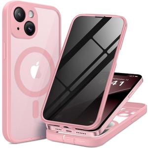 BERFY for iPhone 13 Case, Compatible with MagSafe, Built-in Privacy Screen Protector and Camera Protection, Anti-Spy Full Body Shockproof Clear Phone Case for 13 6.1", Pink