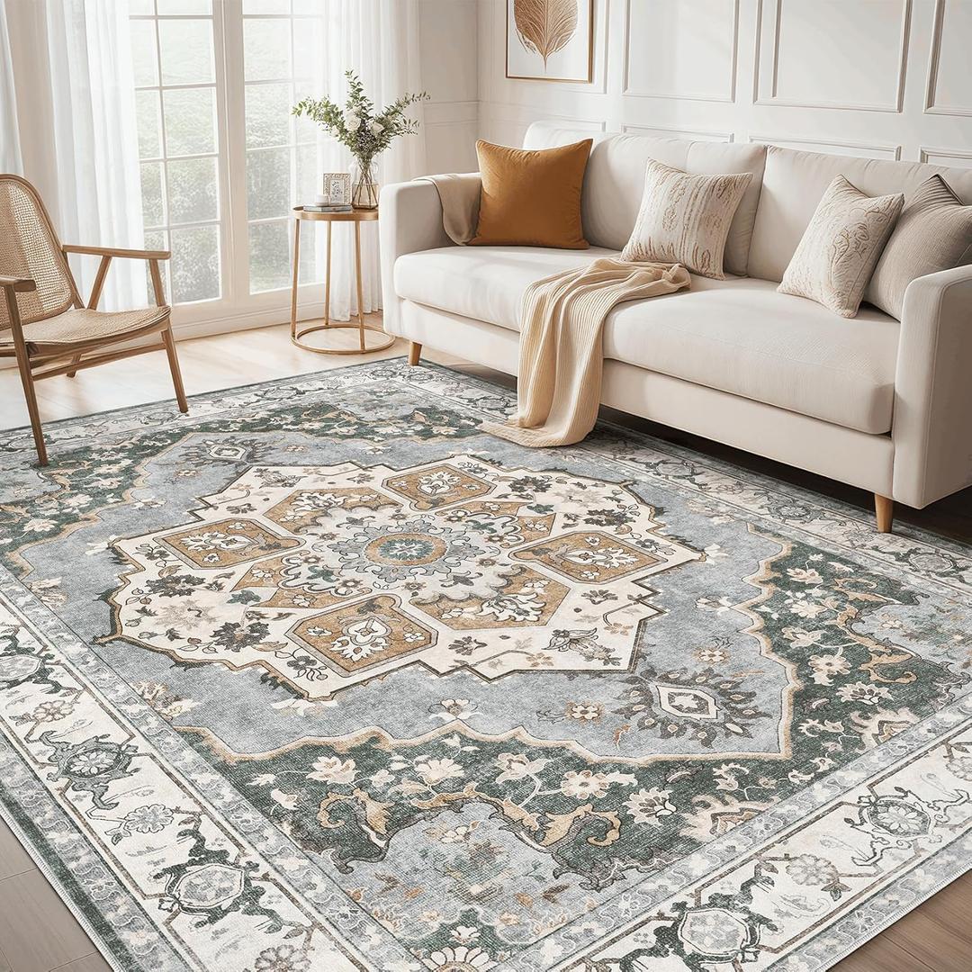 9x12 Washable Area Rug: Vintage Neutral Soft Non Slip Thin Large Floor Carpet for Living Room Bedroom Kitchen Dining Room Home Office Farmhouse Indoor - Green