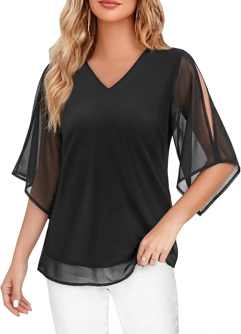 Blouse for Women Dressy Casual Summer Chiffon 3/4 Sleeve Tops Business Work Shirts Double Layered Tunic Evening Party (Medium, Black)