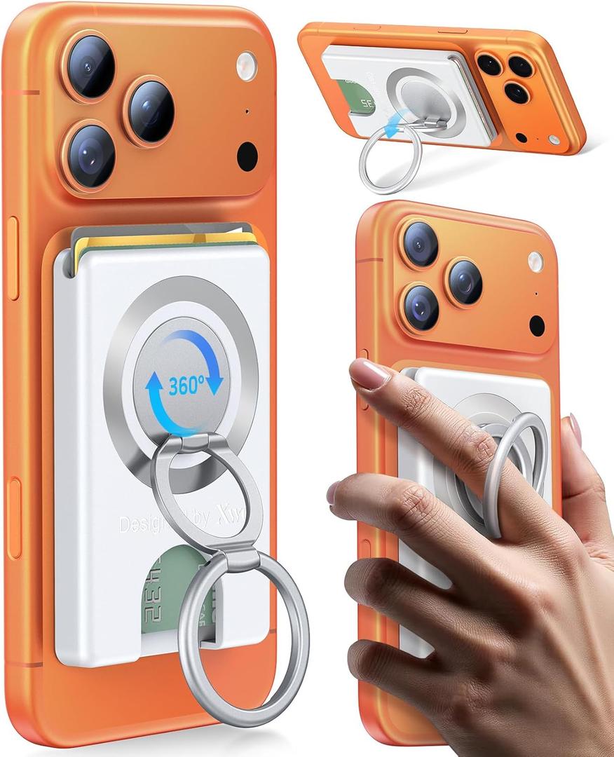 Compatible with Magsafe Wallet 3 Cards Holder [20X Strong Magnet] Magnetic Phone Grips Stand Mount Dual Ring 360 Rotation Desk Cellphone Fits for iPhone 17/16/15/14/13/12 Pro Max (White)