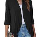 Bluetime Women's Casual Lightweight Open Front Cardigans Soft Draped Ruffles 3/4 Sleeve Cardigan (S)