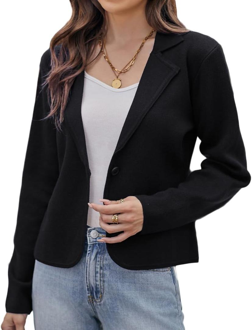 GRACE KARIN Women Sweater Blazer Casual Work Croppped Cardigan Lightweight Button Front Short Knit Blazer Jacket (Large, Black)
