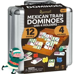 Mexican Train Dominoes Set with 4 Holders - Dominoes Double 12 with Wooden Hub and Tiles Holders - Double 12 Dominos Set for Family Game Night for Adults and Kids Ages 8 and up (D12 + 4 Holders)