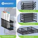 MINDEPOT 4-Tier Paper Organizer + 3-Pocket File Holder + Drawer + Pen Holders, Desktop File Organizers Paper Tray for Office Accessories School Classroom Organization (Black)