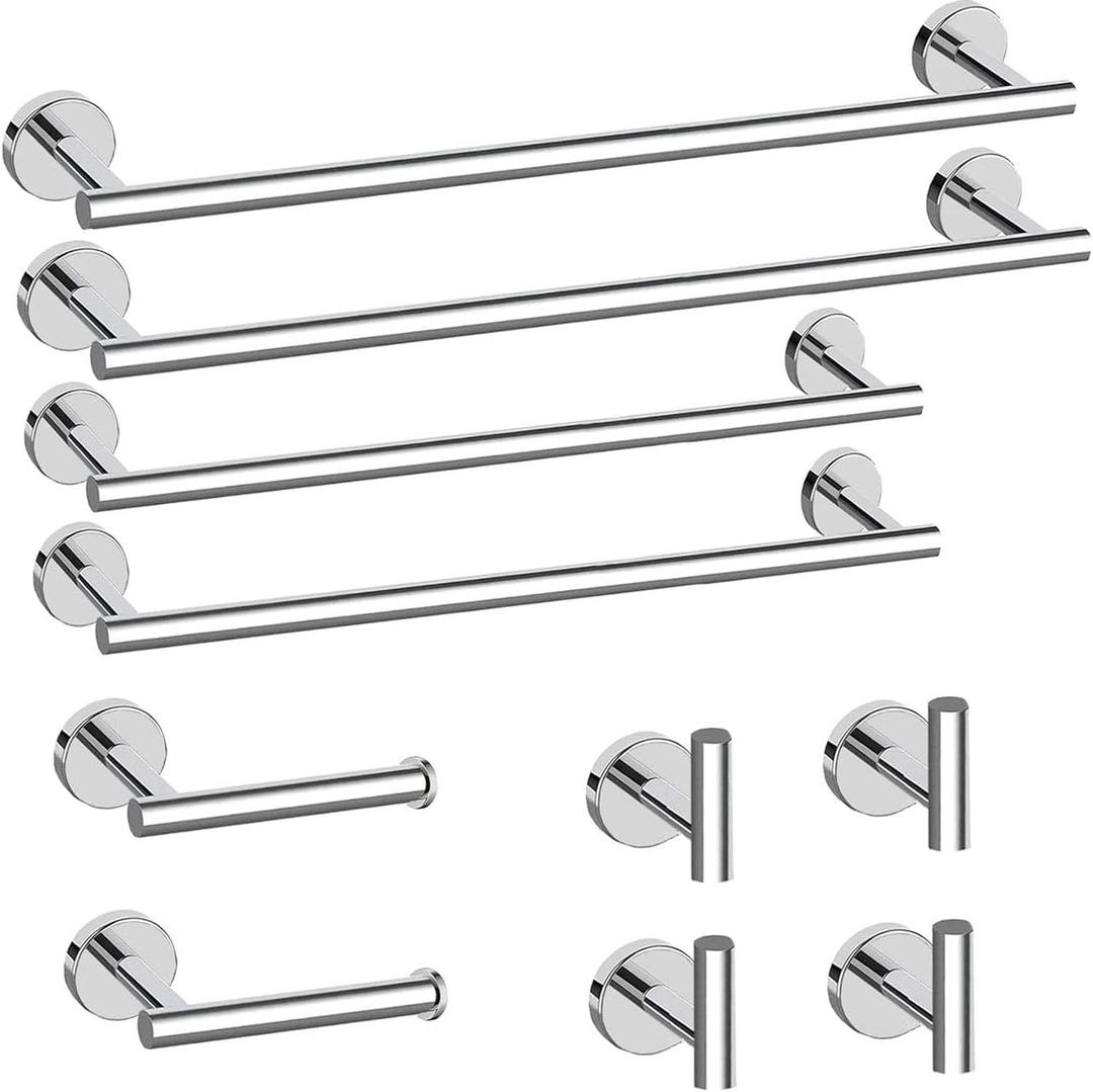 Newfun 10Pcs Polished Chrome Bathroom Hardware Set - Includes 24&18inch Towel Bar, Robe Hook, Toilet Paper Holder, 2 Pack 5 Piece Bathroom Accessories Set Stainless Steel Wall Mounted