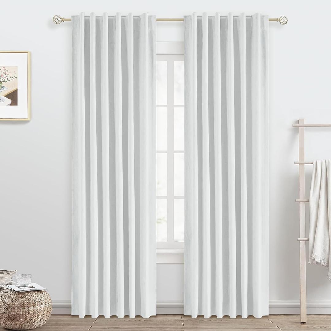 White Linen Blackout Curtains 84 Inch Length 2 Panels Set for Bedroom Darkening, 100% Black Out Thermal Insulated Back Tab Curtains Heating Blocking for Nursery