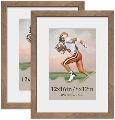 VCK 12x16 Picture Frame 2 Pack, Natural Wood Grain Brown Walnut & HD Glass, Display 8x12 Poster with Mat or 12x16 without Mat, Wall Hanging