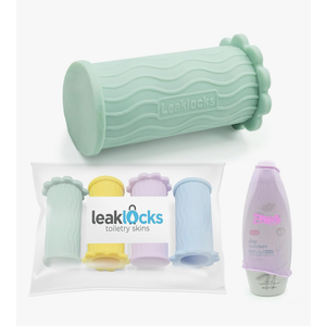 LeakLocks® Toiletry Skins™ Elastic Sleeve for Leak Proofing Travel Container in Luggage. For Standard and Travel Sized Toiletries. Reusable Accessory for Travel Bag Suitcase and Carry-on Luggage